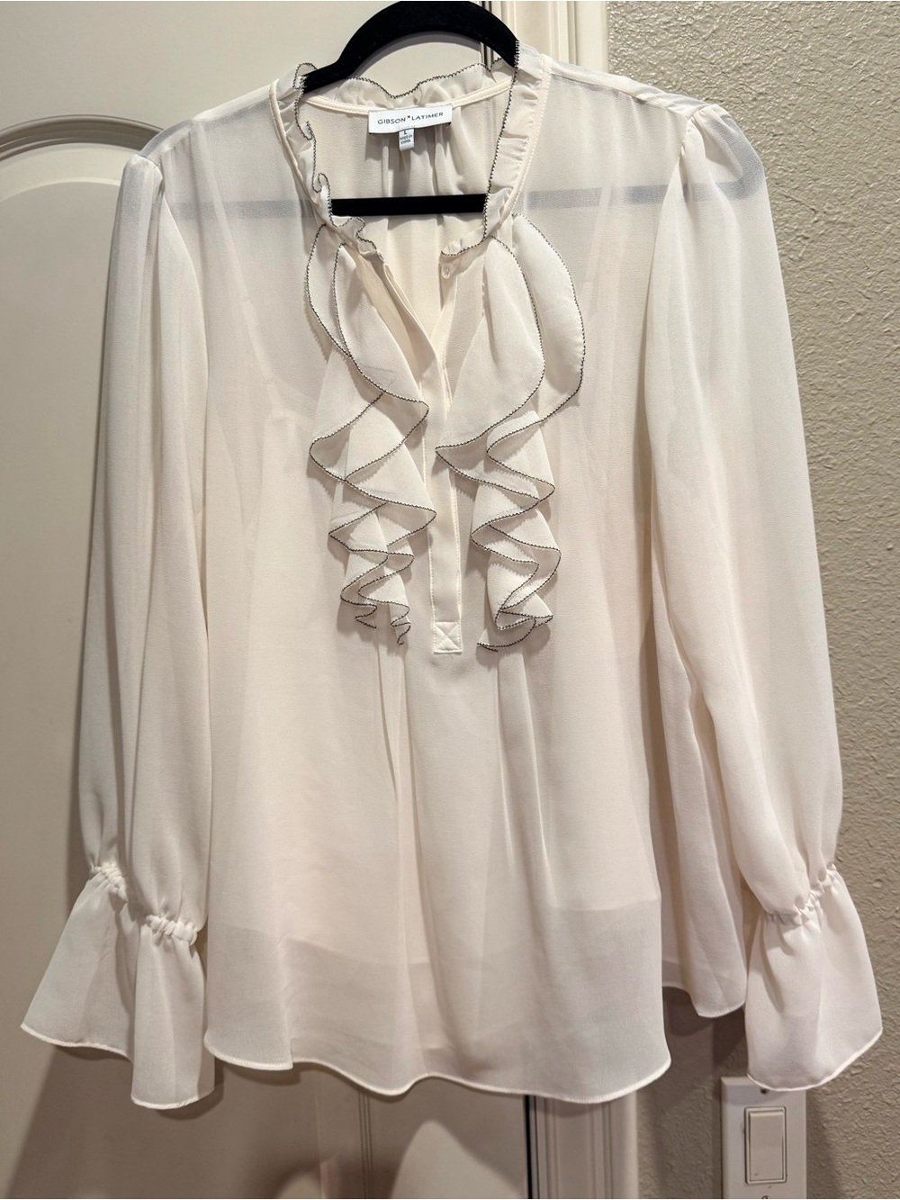 Gibson Latimer semi sheer ivory ruffle-neck blouse with built in cami